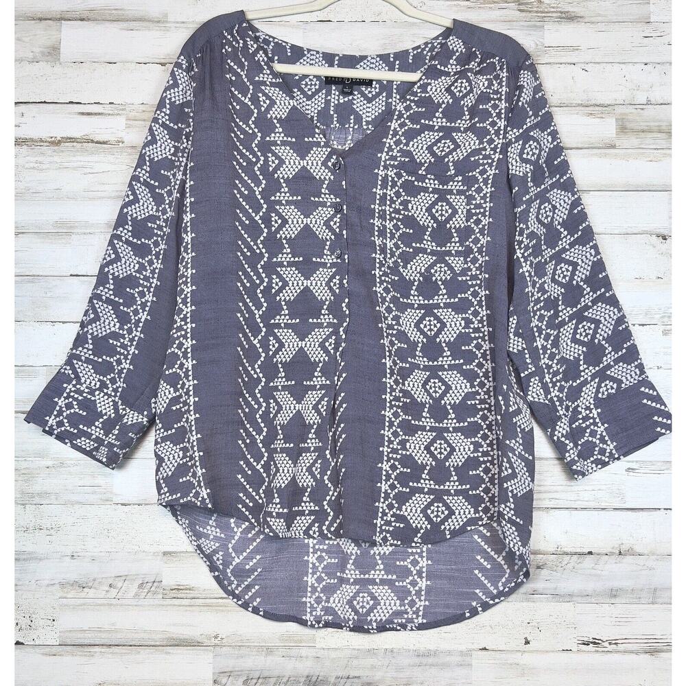 Fred David Women's Tunic Gray Abstract Size Lg 3/4 Sleeve V Neck Top Boho